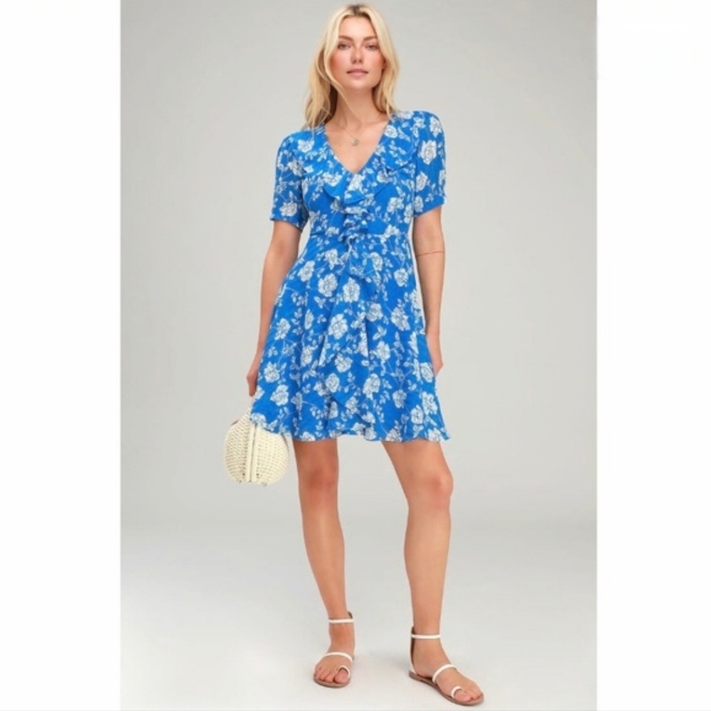 Lulus Ximena Blue Floral Print Ruffled Mini Dress